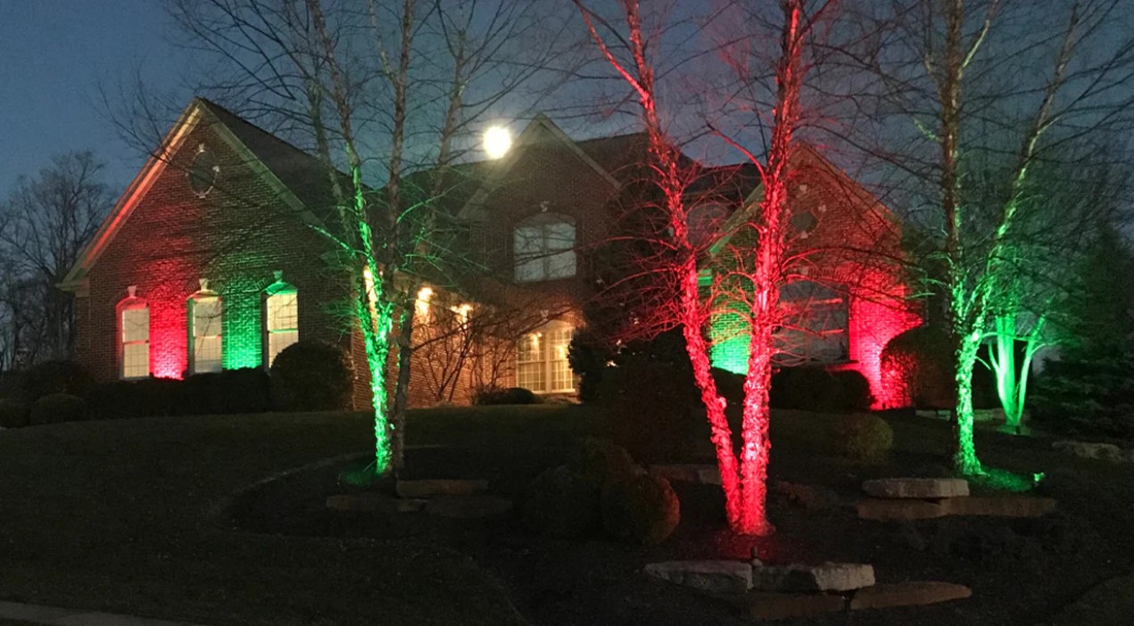 Trees and a home illuminated in red and green for the holidays